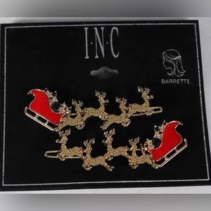 INC Gold Tone Red Sleigh & Reindeer Hair Barrettes